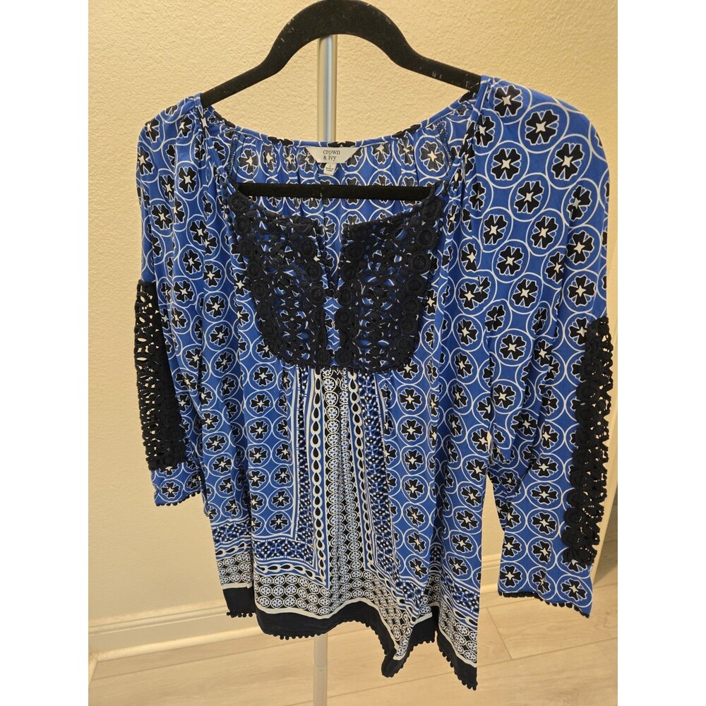 Crown & Ivy Large Blue Geometric Boho Peasant Top Lace Trim Tunic Womens L